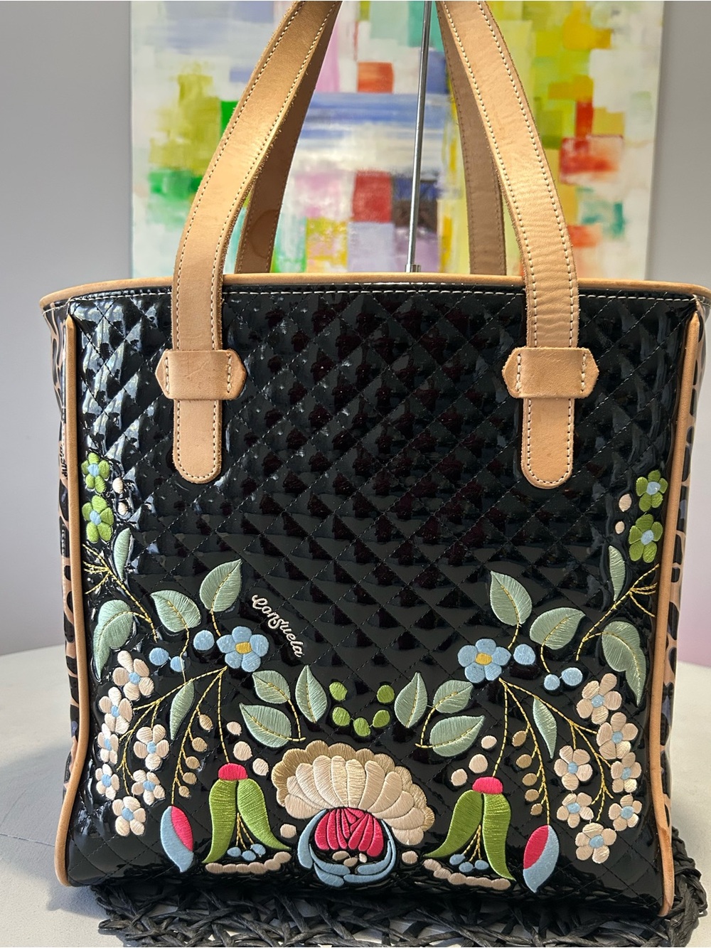 Consuela Ezzy Black Quilted Tote with Colorful Floral Embroidery